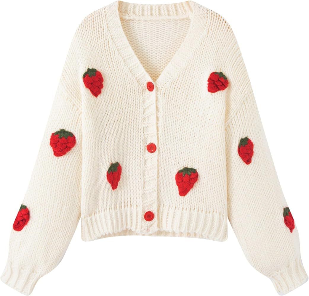 FindThy Women’s Kawaii Strawberry Embroidered Cardigan Long Sleeve V Neck Chunky Knitted Cardig... | Amazon (US)