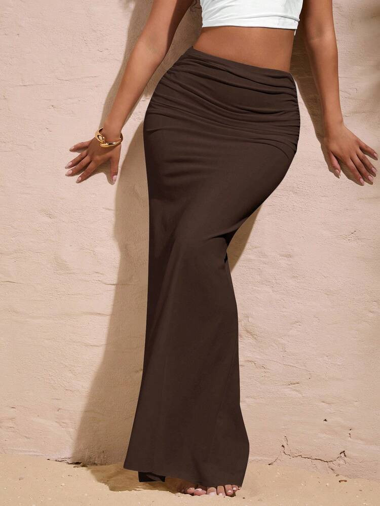 Opulessa Women's Solid Color Pleated Fishtail Hem Skirt, Vacation Brown Classy Elegant Skirt, Winter Women, New Year Look, Thanksgiving. Elegant Long Skirt, Chic Elegant For Party, Luxury Wedding Guest Party D | SHEIN