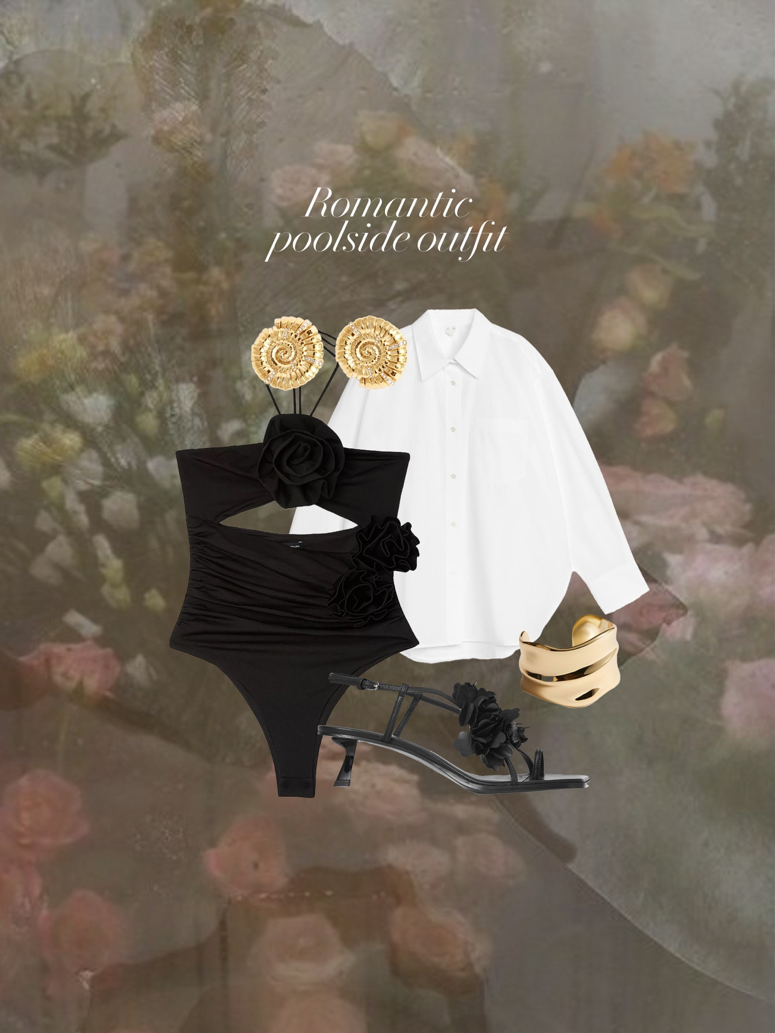 For romance by the pool this summer 🤍🖤
Romantic poolside outfit | Dreamy holiday outfits UK | Black and white look | Oversized white shirt | Godl shell earrings | Gold chunky bracelet | Flower swimsuit | 3D flower shoes | Applique 

#LTKswimwear #LTKeurope #LTKsummer