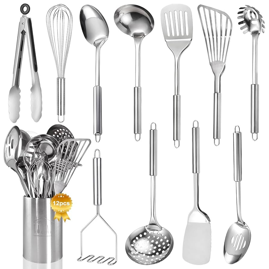 Stainless Steel Kitchen Utensils Set - 12pcs Cooking Utensils Set with Holder, Heat Resistant Kit... | Amazon (US)
