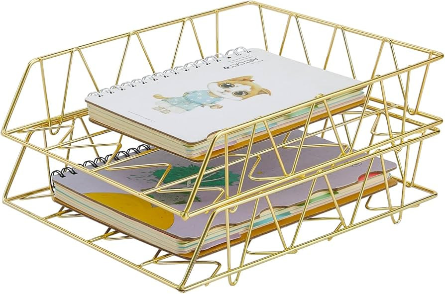 PAG Desktop File Organizer Metal Stackable Letter Tray Paper Holder Rack, 2 Pack, Gold | Amazon (US)