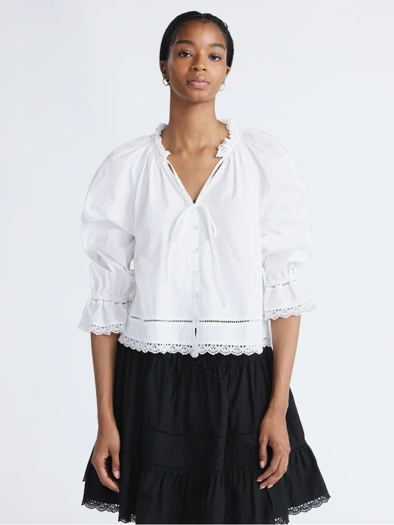 Free Assembly Women's Cotton Eyelet Ruffle Neck Blouse with Long Sleeves, Sizes XS-XXL | Walmart (US)