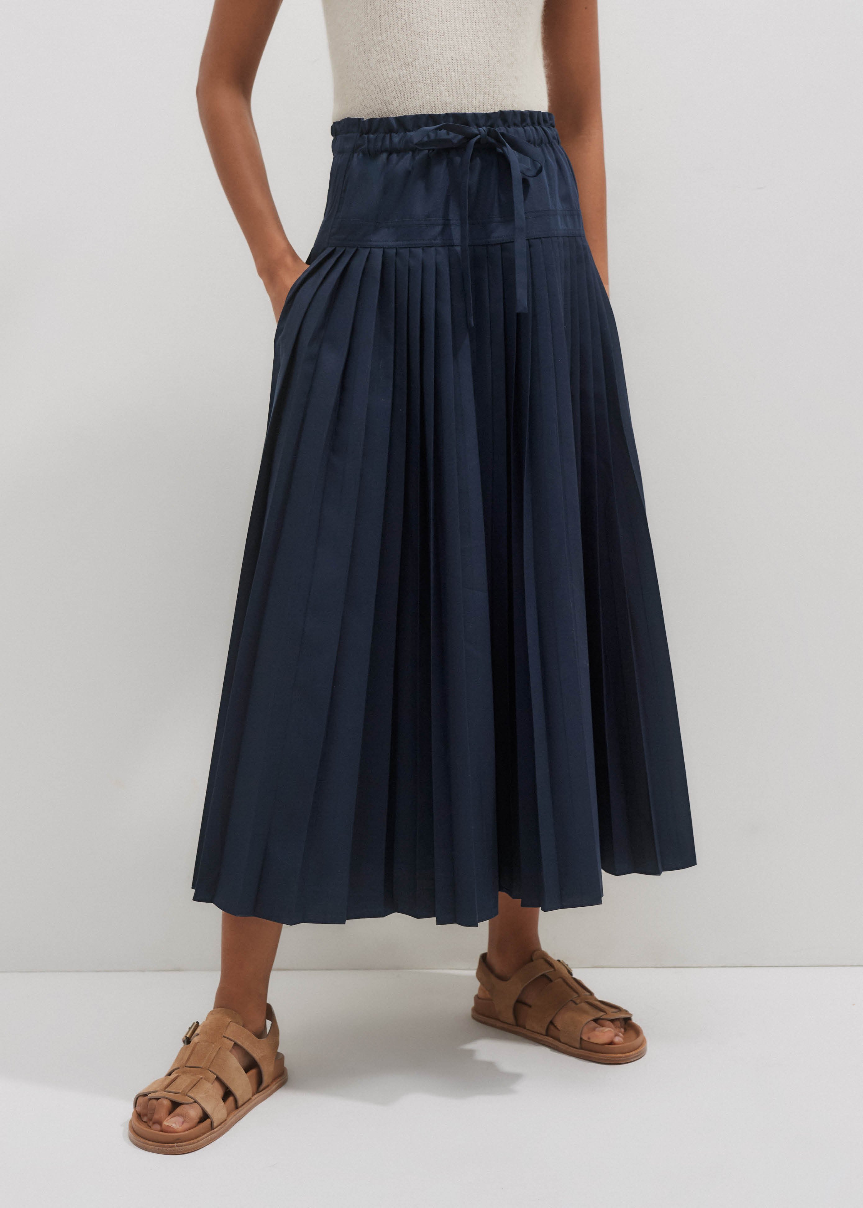 Women's Navy Cotton Pleated Maxi Skirt | ME+EM | ME+EM US