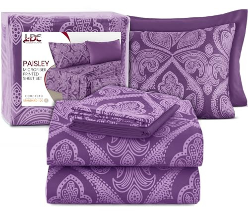 Ultra Soft Wrinkle-Free Microfiber Paisley Full Sheet Set, Cute Floral Pattern Boho Print – 16" Deep Pocket Fitted Sheet, Flat Sheet & 4 Pillowcases, Breathable, OEKO-TEX - Purple | Amazon (US)