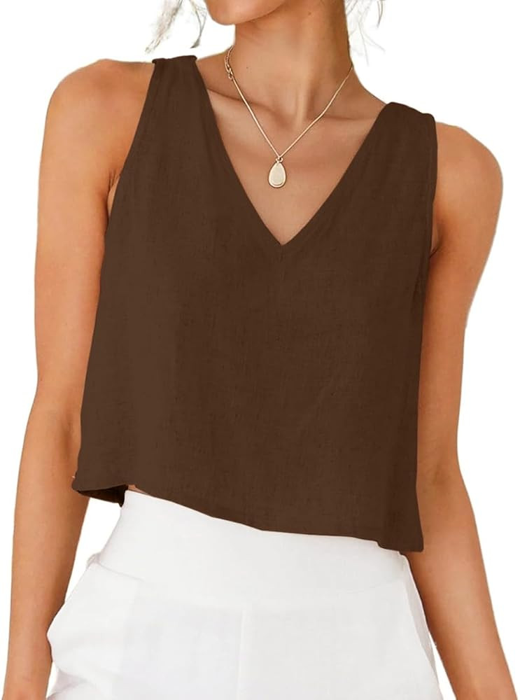 IDEALSANXUN Womens V Neck Cropped Linen Tank Tops Spring Summer Sleeveless Shirts | Amazon (US)