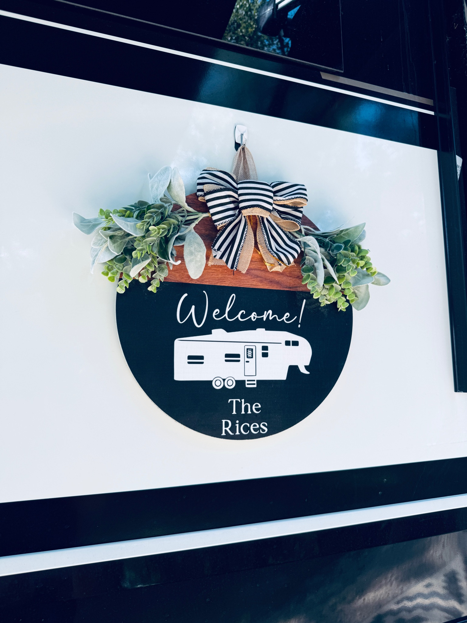 My mom had made a comment a few months ago about how she wanted a welcome flag / sign for their camper. I found this wooden one on Etsy & ordered it for my mom’s birthday. It turned out so good + looks so nice right outside their door!