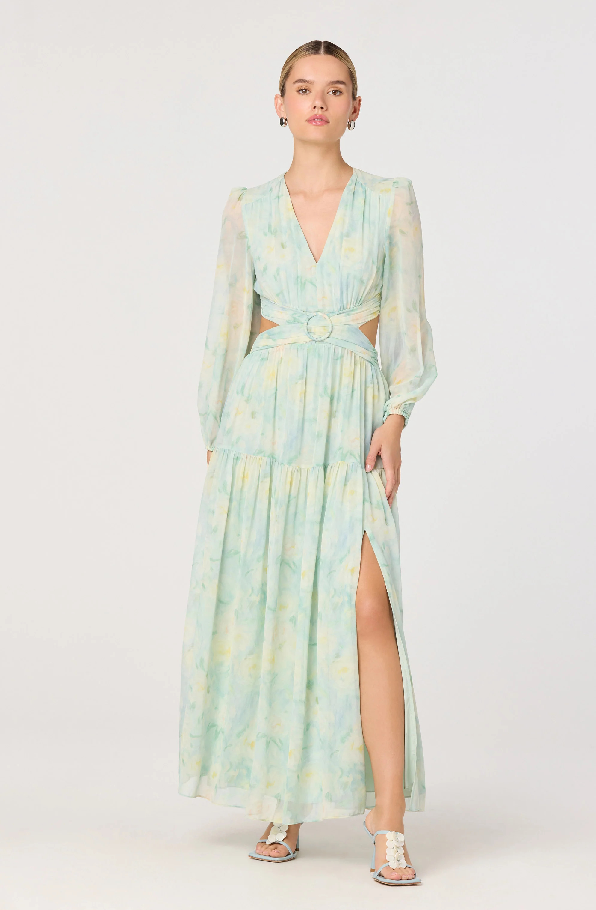 Klarissa Floral Cutout Balloon Sleeve Maxi Dress - Seafoam floral / XS | ASTR The Label (US)