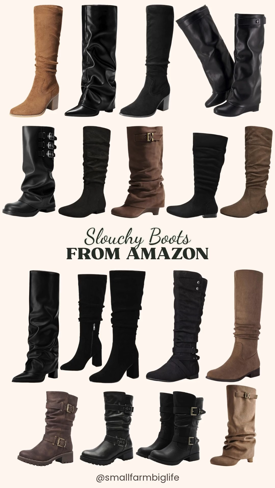 Slouchy boots from Amazon are the fall shoes trend of the season, and these affordable picks cover every style, heel height, and color you could want. 🍂

Love a heel? The camel and black DREAM PAIRS Slouchy Knee High Chunky Heel Boots in faux suede have a 3 inch block heel, pointed toe, and side zipper for easy on and off. The black Eteridrey Knee High Suede Slouchy Boots and black FITORY Fold Over Shark Boots with a chunky heel go from work to evening, and the black Chunky Fold Over Tall Boots with a pointed toe are perfect with dresses and skirts. For a wedge, the brown and light brown Slouchy Wedge Suede Fold Over Knee High Boots and the black Fold Over Knee High Shark Boots with a wedge heel add height while staying comfortable.

Prefer flat or low heel boots? The black and taupe DREAM PAIRS Knee High Winter Slouchy Boots have a warm faux fur lining, the taupe Shoe'N Tale Slouch Flat Low Heel Boots and black mysoft Slouchy Flat Boots with buckles are comfy for everyday wear, and the black DREAM PAIRS Fold Over Knee High Boots with an adjustable buckle are great for casual going out looks. Need extra room? The black DREAM PAIRS Wide Calf Knee High Boots with a round toe and side zipper are a reader favorite style.

For a moto look, the brown and black GLOBALWIN Mid Calf Moto Boots with buckle straps give that slouchy biker boot vibe in faux leather with a low heel that's comfortable for walking. Pair any of these with jeans, sweater dresses, or leggings for easy fall outfits for women over 50 and beyond.

#slouchyboots #fallshoes #kneehighboots #amazonfashion #fallboots 

 #LTKgrwm #LTKootd #LTKOver40