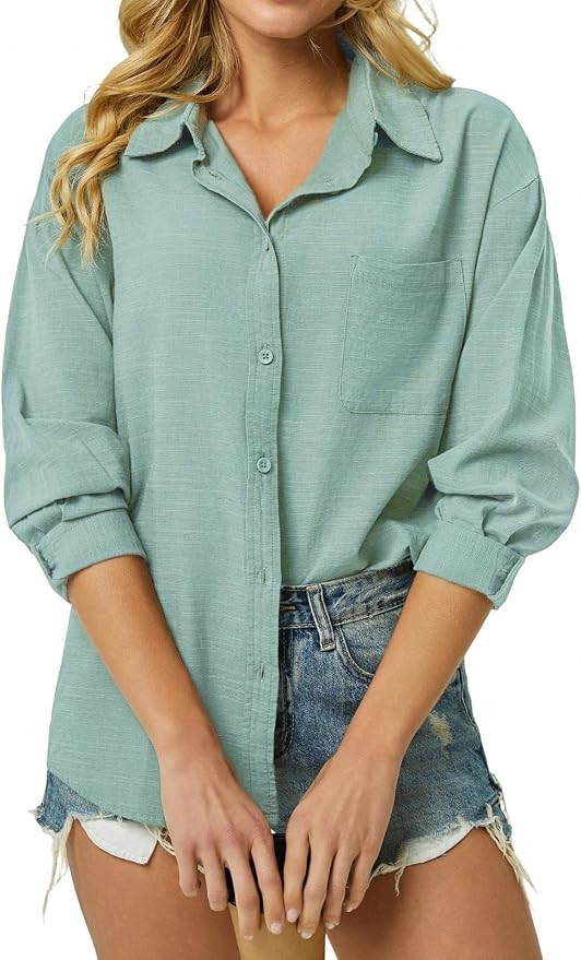Womens Button Down Shirts Cotton Linen Long Sleeve Dress Shirts Casual Summer Tops Work Blouses w... | Amazon (US)