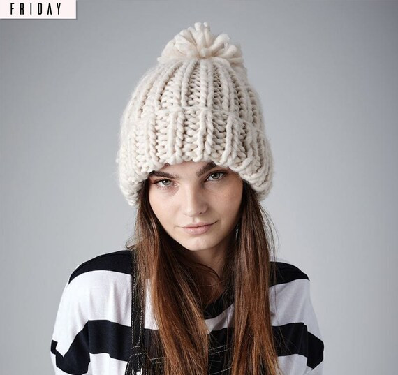 Oversized chunky knit Unisex Beanie Bobble Hat  Pink Navy Cream Hat Cute Essential Winter Fashion... | Etsy (US)