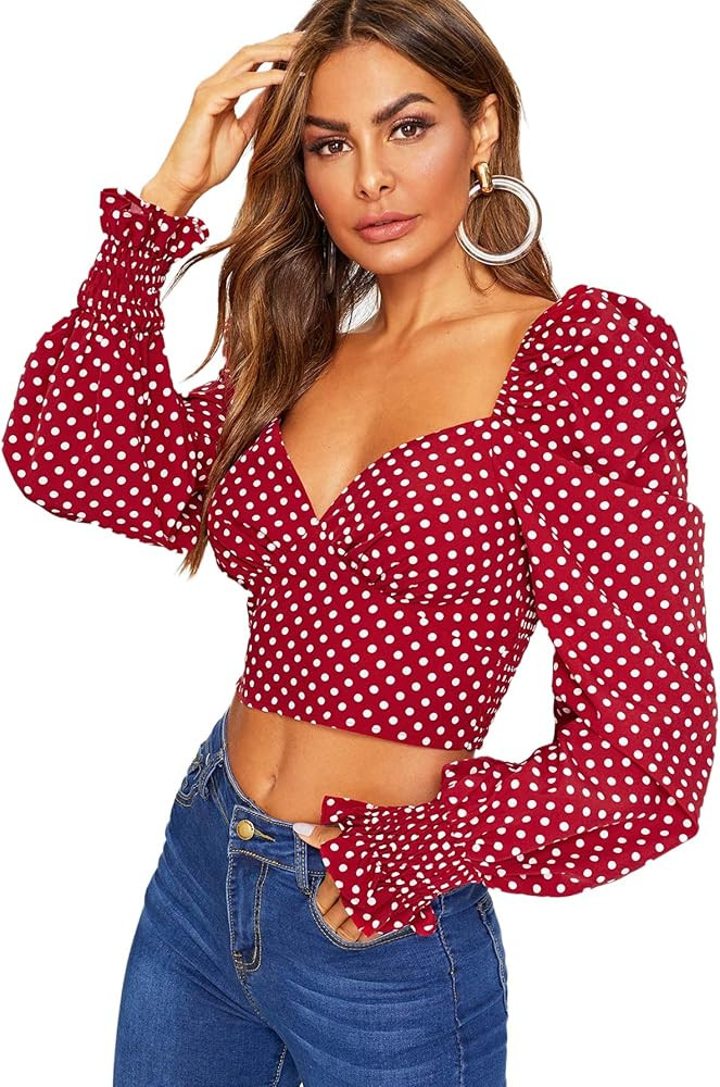 Romwe Women's Elegant Sweetheart Neck Lantern Long Sleeve Shirred Slim Crop Top Boho Milkmaid Blo... | Amazon (US)