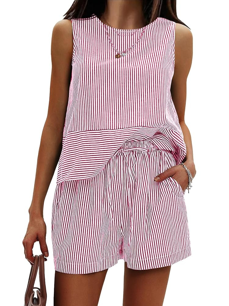 EXLURA Women's Summer 2 Piece Outfits Sleeveless Tank Top Matching Shorts Sets Cotton Striped Swe... | Amazon (US)