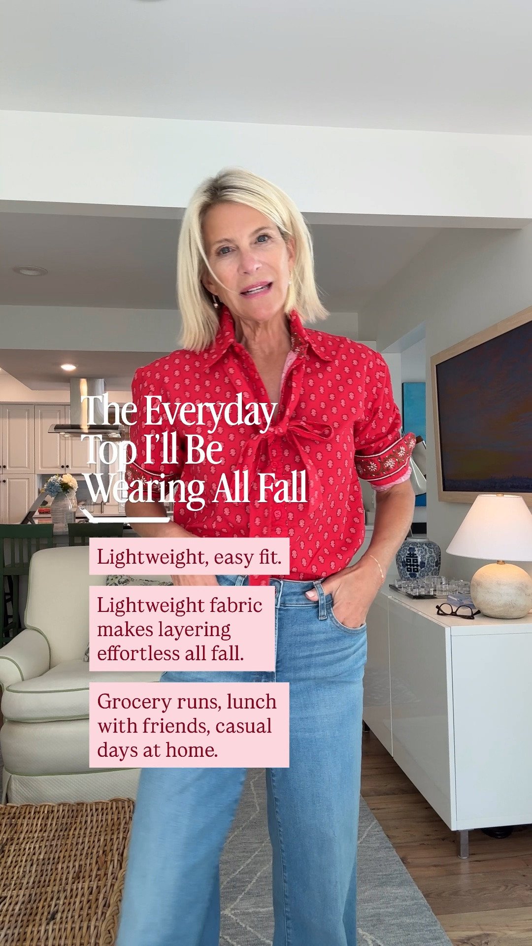 You know that top you reach for without even thinking? This is that one for me. It’s incredibly lightweight, the color is so good, and it makes jeans feel instantly pulled together without feeling overdressed. I can see wearing it all fall, on its own now and layered under a sweater when it gets cooler. Grocery store, lunch with a friend, or just around the house…this is an easy one to live in.

👩‍💻 LTK PRO TIPS
❤️ Heart = Support my posts ;-)
🔖 Save = Get sale & restock alerts for the things you love!
📋 Lists = Keep favorites organized (List ideas: Christmas, Birthdays, and Vacations!)
📲 Share = Send lists and products to a friend (or your daughters like me).
💬 Comment = Ask me anything, and I’ll answer. ;-)

#LTKootd #LTKSeasonal #LTKOver40