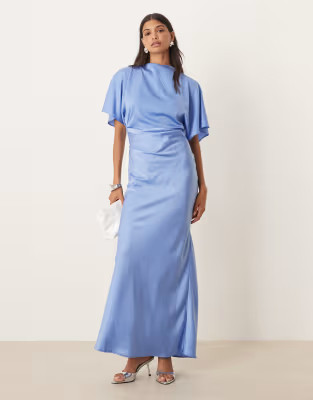ASOS DESIGN satin high neck blouson maxi dress with flutter sleeve in blue | ASOS | ASOS (Global)