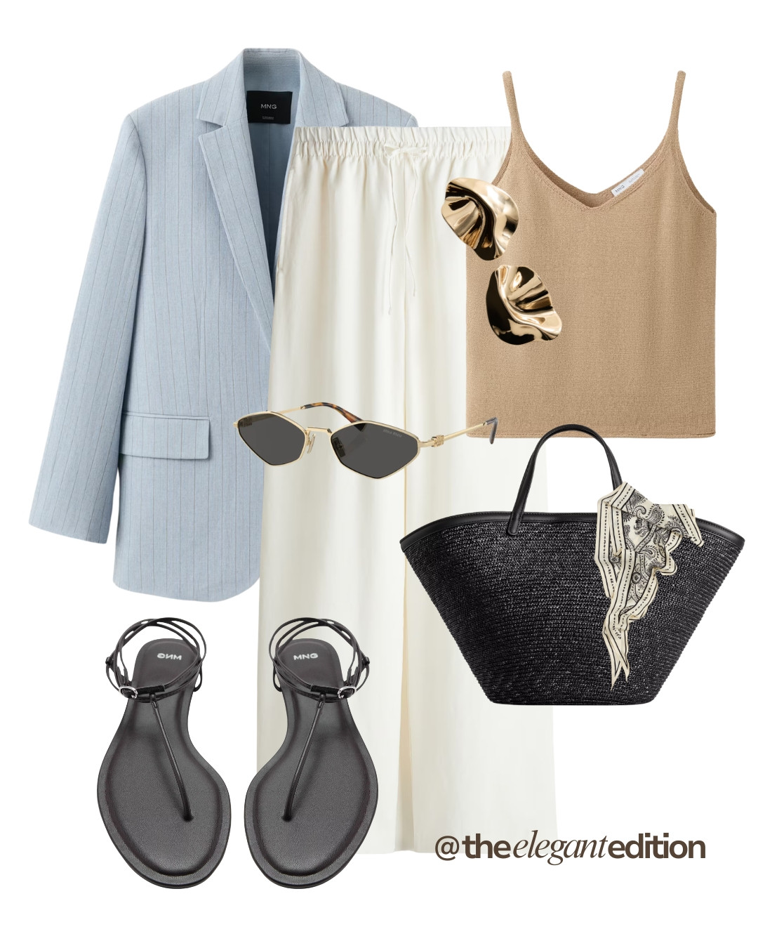 BLAZER LOOK - A fresh blue and cream spring combination. Mango pinstripe blazer, camel knit cami, cream drawstring trousers and a black raffia tote for everyday or holiday #blazer #trousers #sandals #LTKspring #LTKsummer #LTKstyletip 

 #LTKeurope #LTKworkwear #LTKstyletip