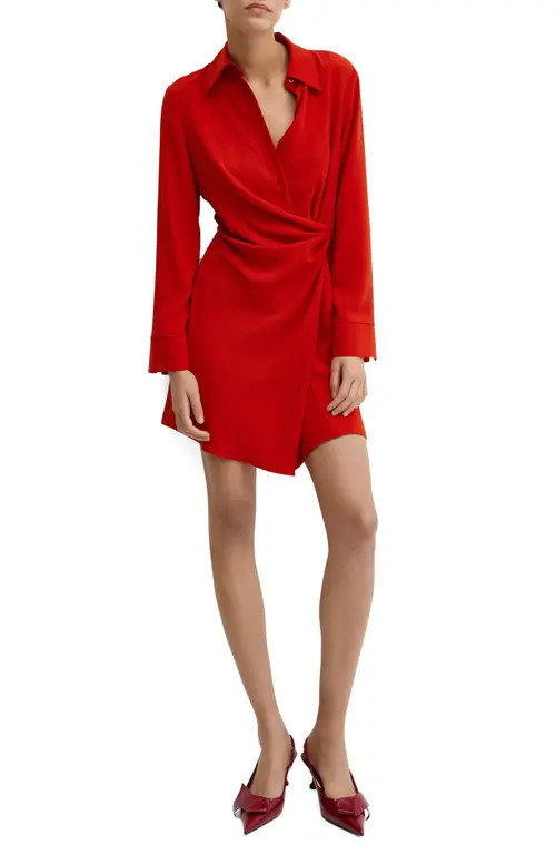 MANGO Draped Long Sleeve Faux Wrap Shirtdress in Red at Nordstrom, Size 2 | Nordstrom
