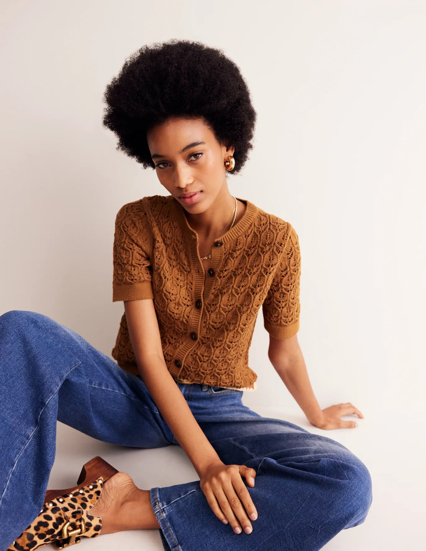 Short Sleeve Crochet Cardigan - Gingerbread Brown | Boden US | Boden (US)