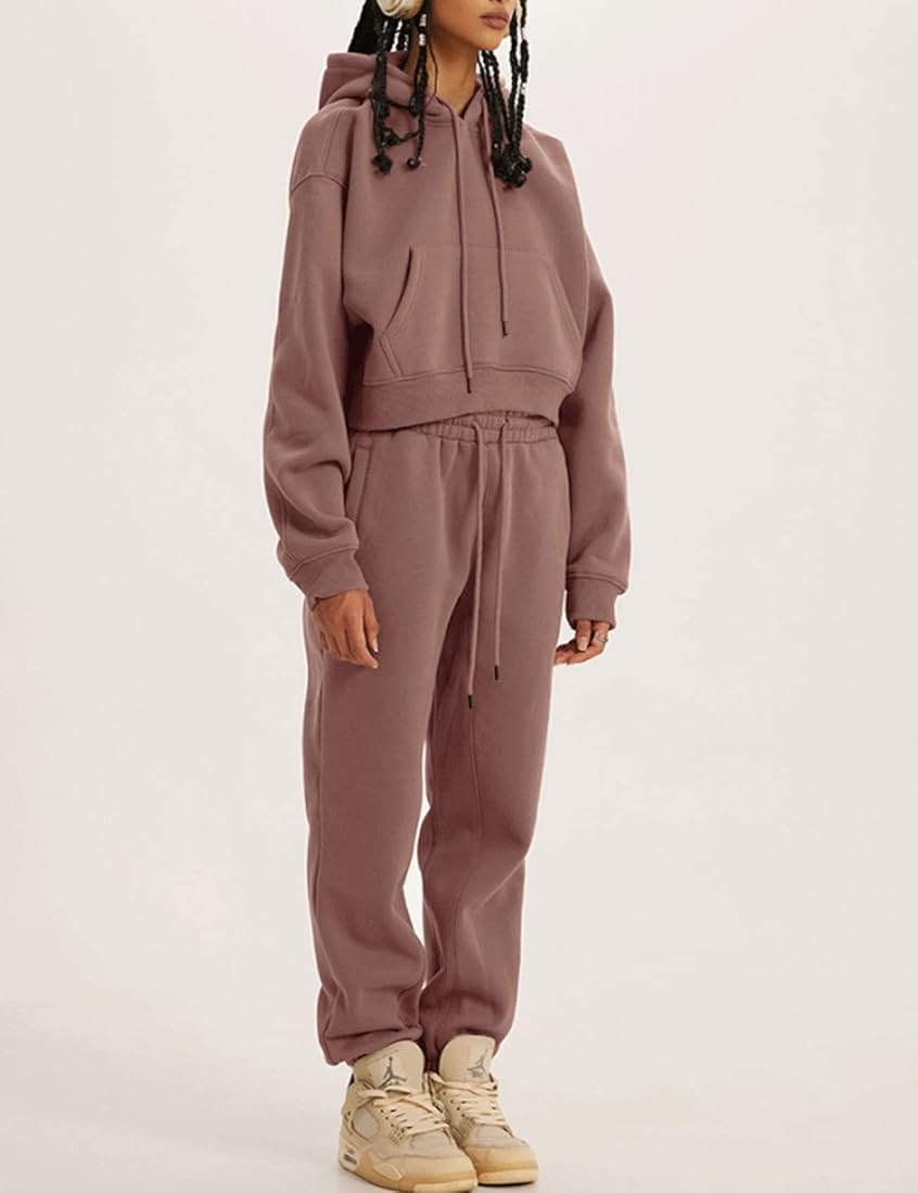 Rousytn Womens Sweatsuits 2 Piece Fleece Outfits Long Sleeve Crop Hoodies Pullover Jogger Pants Casu | Amazon (US)