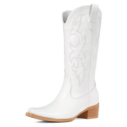 White Cowboy Boots For Women - Embroidered Cowgirl Boots Western Mid Calf Fashion Chunky Heel Pointed Toe Country Boots | SHEIN