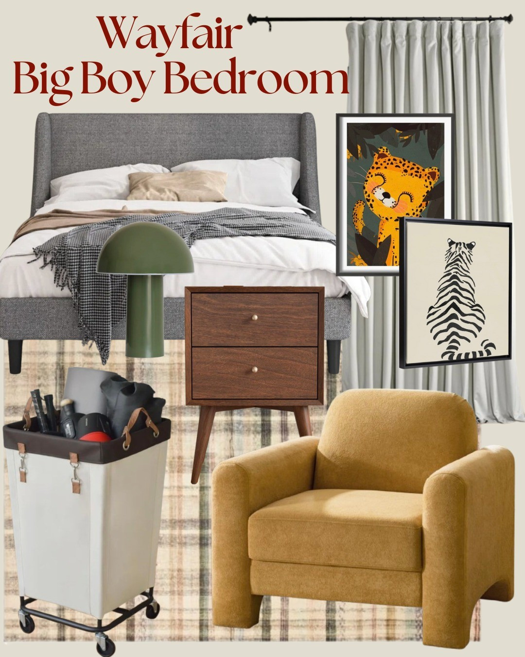 Wayfair Big Boy Bedroomupholstered bed, nightstand, accent chair, rug, laundry hamper, storage bun, toy storage, art; tiger art, table lamp, velvet curtains, home decor, bedroom design 

#LTKHome #LTKKids