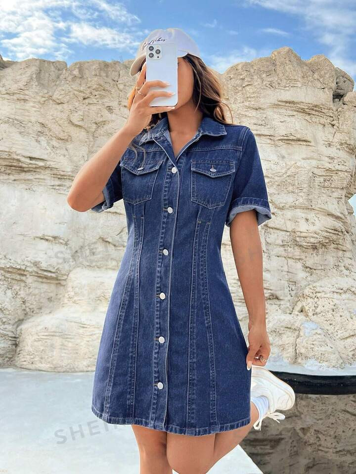 SHEIN EZwear Women'S Denim Dress With Front Button Closure | SHEIN