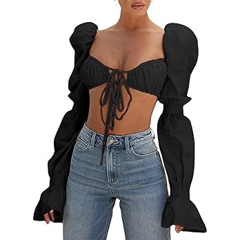 Remidoo Women's Sexy Self Tie Front Ruched Puff Long Sleeve Crop Top Blouse | Amazon (US)
