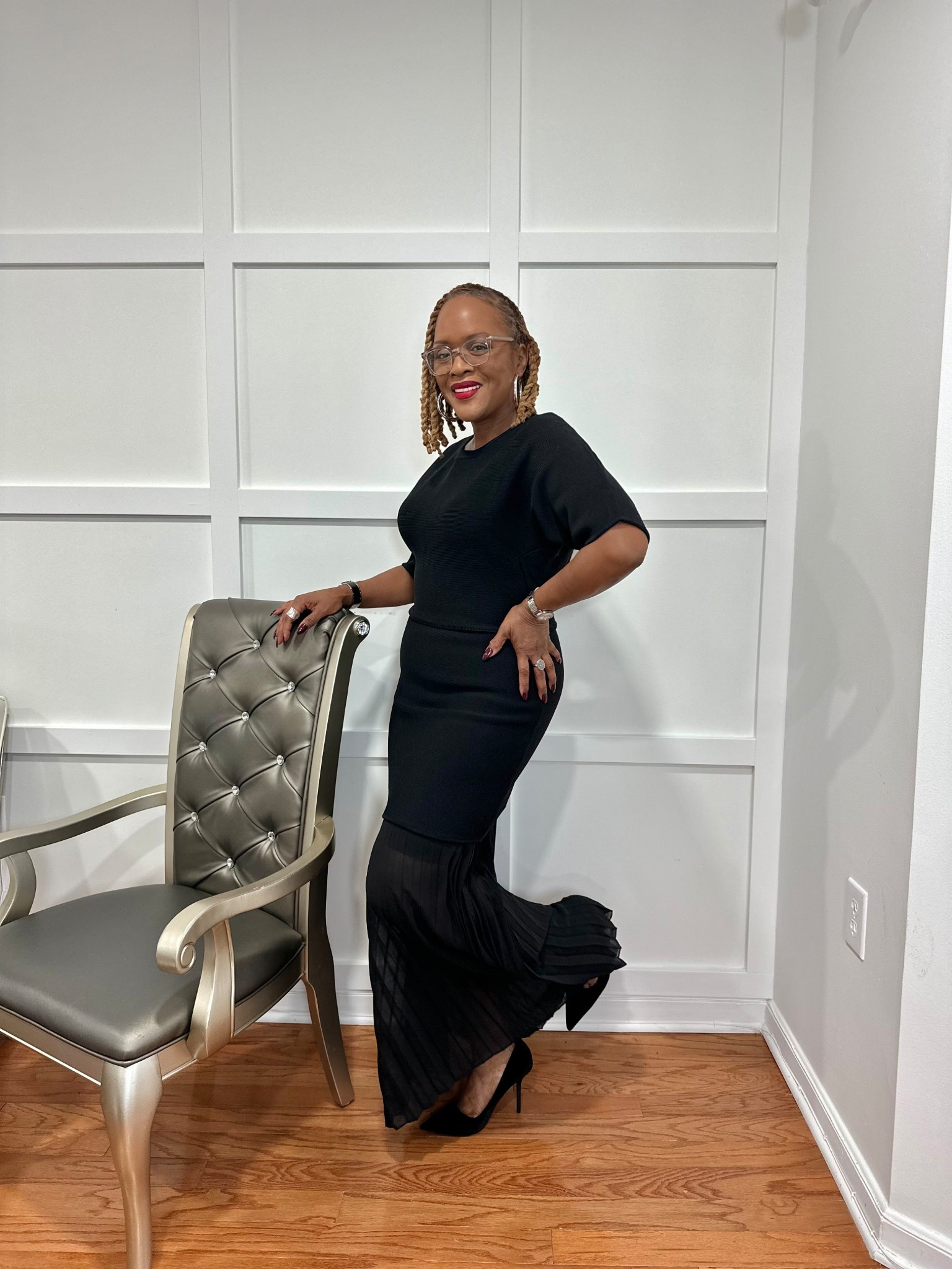 Valentine’s Date Night outfit ❤️

Black Knit Pleated Chiffon Nancy Dress

Elevate your wardrobe with the Nancy Dress, a blend of sophistication and minimalist edge. The relaxed silhouette gracefully transitions into a softly pleated hem that moves beautifully with every step.  Pair it with heels and a sleek black clutch for a chic and stylish finish on your next girls’ night out.
 
Our Favorite Details:
* Short sleeves
* Round neck
* Mixed media
* Pleated skirt 
* Back zipper
 
Material: 65% Rayon 35% Nylon (upper) 100% Polyester (skirt)
Care: Dry clean


Ivory Wool Trinity Coat
Crafted from a luxurious wool blend fabric, this chic ivory coatis what's keeping you warm on cold weather days. In a timeless winter white with a lapel collar, long sleeves and front pockets, this must-have style is fashionable as it is functional — style with go-to denim and sleek boots for an effortlessly chic outfit formula.
Our Favorite Details: 
* 
* Removable fur collar
* Removable self-tie belt (included)
* Front pockets
* Hand-stitched
* Lined

Material: 100% Wool
Care: Dry clean

#LTKWedding #LTKootd #LTKOver40