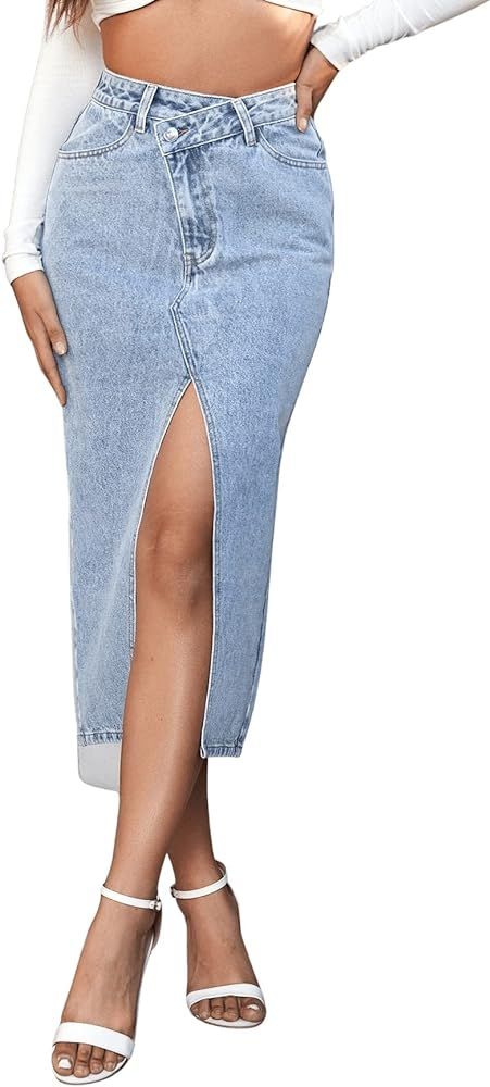 SweatyRocks Women's Asymmetrical High Waist Split Thigh Midi Denim Skirt with Pocket | Amazon (US)