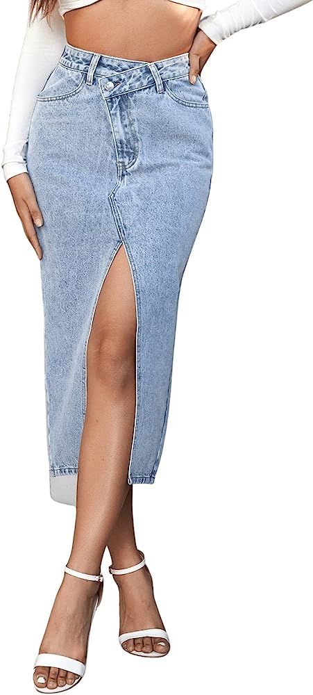 SweatyRocks Women's Asymmetrical High Waist Split Thigh Midi Denim Skirt with Pocket | Amazon (US)