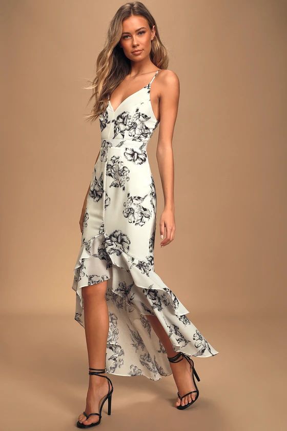 Darling Daylily Black and White Floral Print High-Low Maxi Dress | Lulus (US)