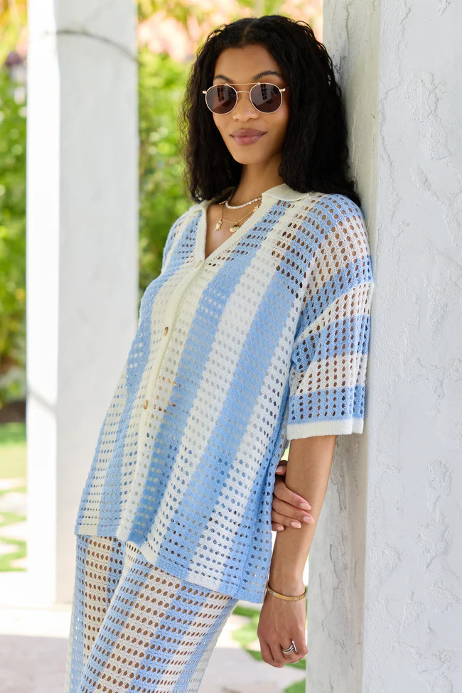 Blue Stripe Crochet Cover-Up Top | Pink Lily