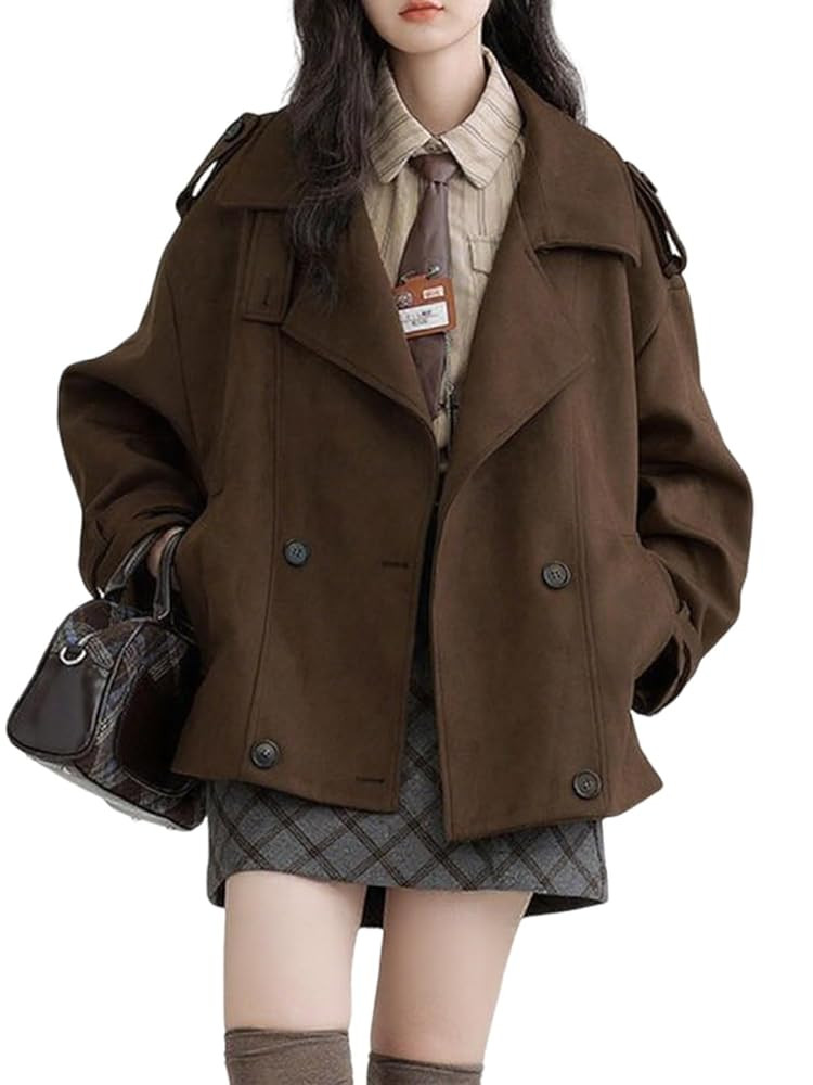 utcoco Women's Faux Suede Leather Jacket Oversized Notched Lapel Cropped Trench Coat 2025 Fall Fa... | Amazon (US)