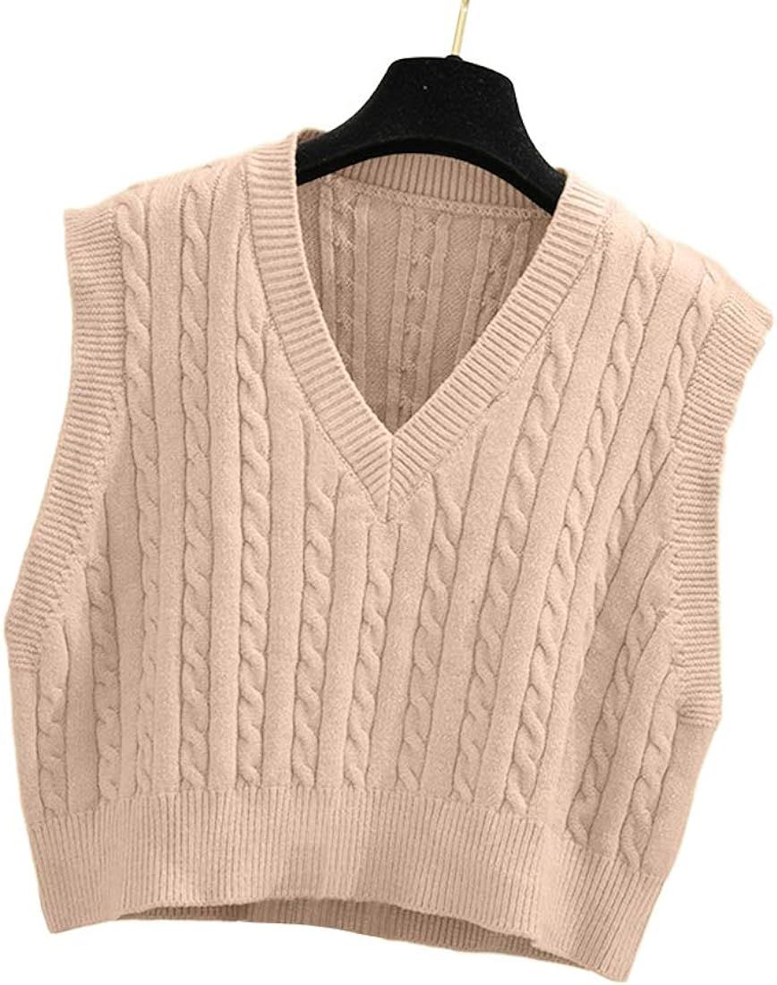 Lailezou Women's V-Neck Knit Sweater Vest Solid Color Argyle Plaid Preppy Style Sleeveless Crop Knit | Amazon (US)