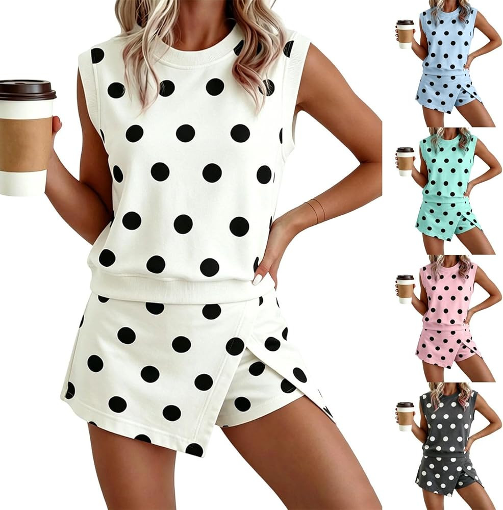 Womens Lounge Sets Polka Dot Print Tank Split Mini Skort 2PCS Set Sleeveless Polka Dot Sets 2026 | Amazon (US)