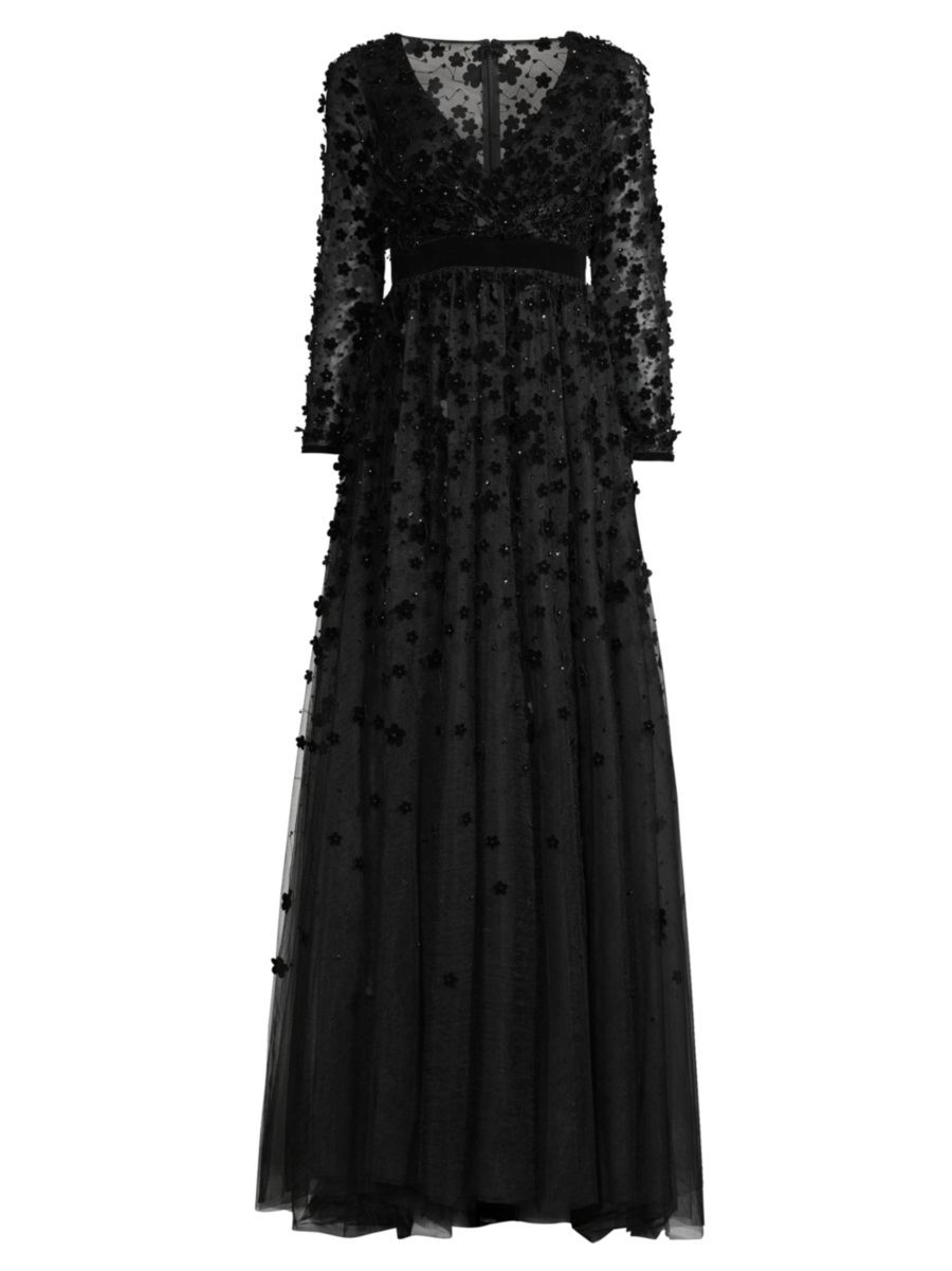Mac Duggal Velvet Floral Appliqué Sequin A-Line Gown | Saks Fifth Avenue