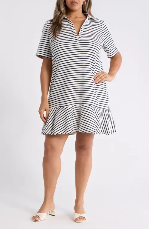caslon(r) Henley Short Sleeve Polo Dress in Ivory- Navy Stripe at Nordstrom, Size 1 X | Nordstrom