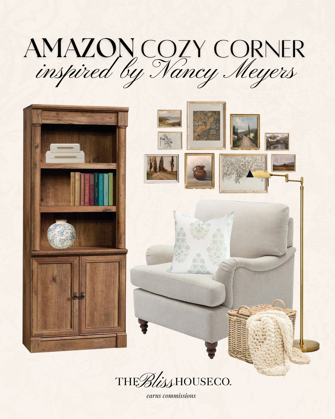 Amazon styled home inspo. Cozy corner inspired by Nancy Meyers. Comfortable seating, accent chair, reading nook, living room, bedroom, office, coastal grandmother, modern vintage style, room inspo, Amazon affordable home finds. 

 #LTKHome #LTKFindsUnder50 #LTKFindsUnder100