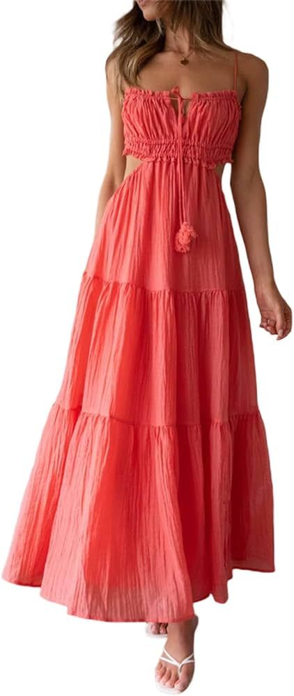 Women Sleeveless Tiered Long Dress Sexy High Split Ruffle Maxi Dress Backless Spaghetti Strap Lay... | Amazon (US)