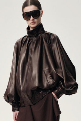 Front Row Shop Soft Pleated Balloon Leather Jacket Dark Brown - Soft Pleated Balloon Leather Jacket Dark Brown | Shop.com