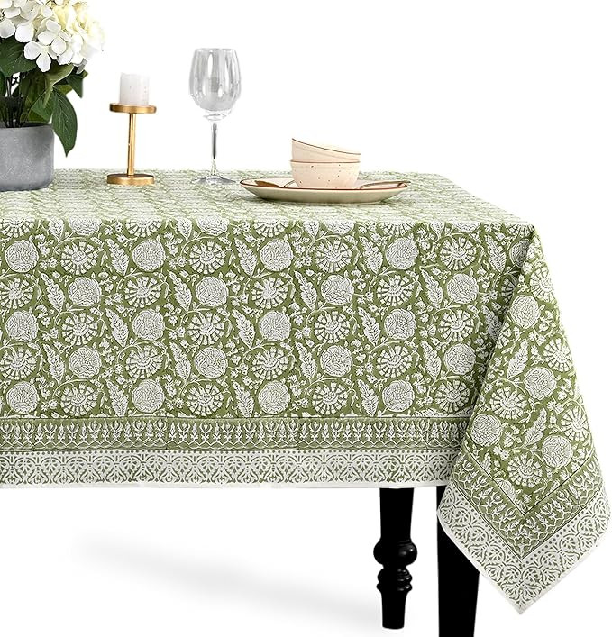 CPC Olive Bloom Tablecloth 100% Cotton 70x108 Inch Indian Block Print Rectangle Table Cover, Tabl... | Amazon (US)