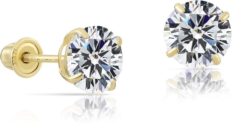 14k Yellow Gold Solitaire Round Cubic Zirconia Stud Earrings in Secure Screw-backs | Amazon (US)