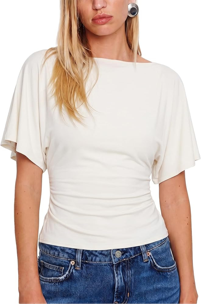 SeeLuNa Women Cinched Waist Shirts Stretchy Dolman Sleeve Boat Neck Knit Top Trendy Streetwear Ou... | Amazon (US)