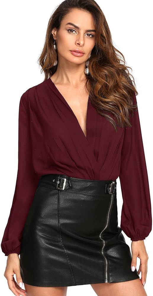 Women's Long Sleeve Wrap V-Neck Leotard Jumpsuit Bodysuit | Amazon (US)