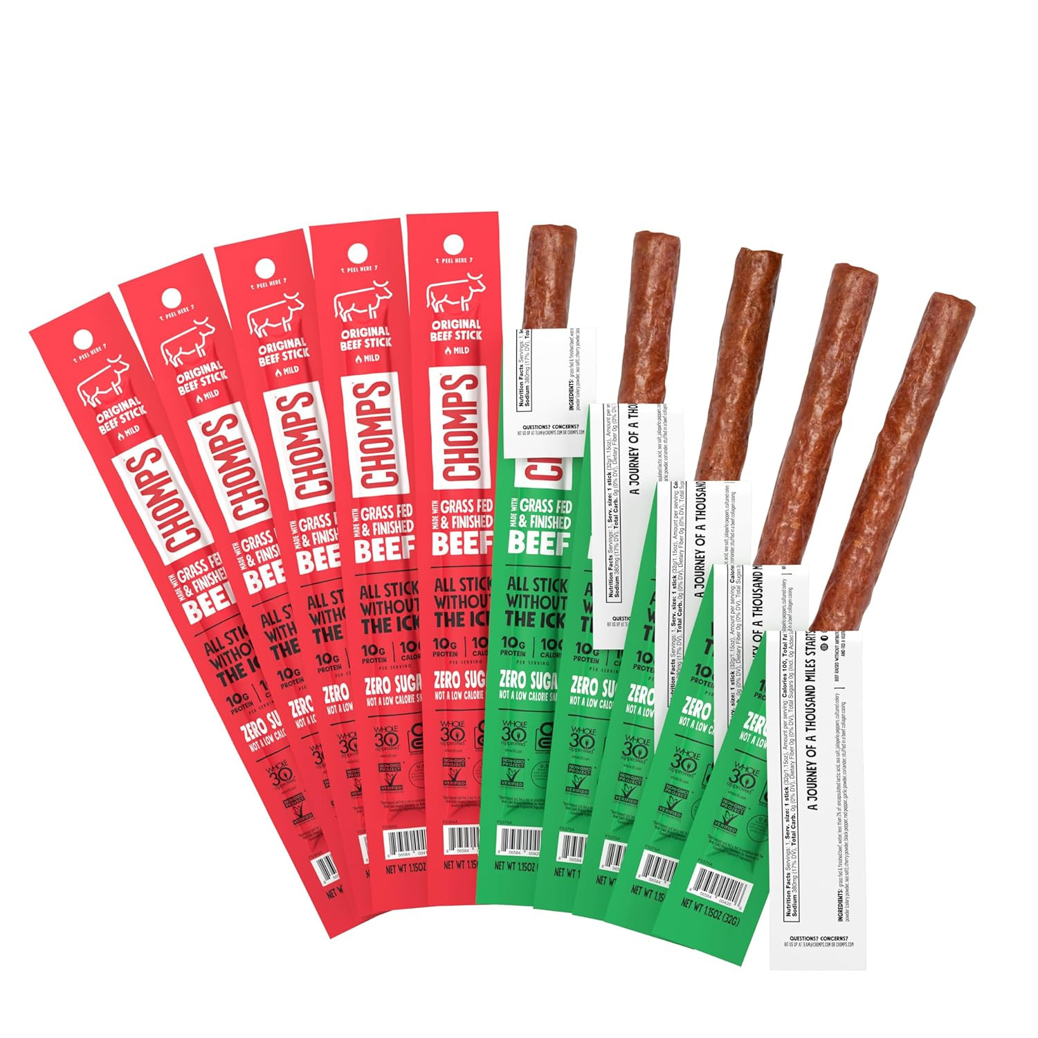 CHOMPS Grass Fed Beef Jerky Sticks, Beef Variety Pack, 10 Sticks: (5) Original Beef, (5) Jalapeno... | Amazon (US)