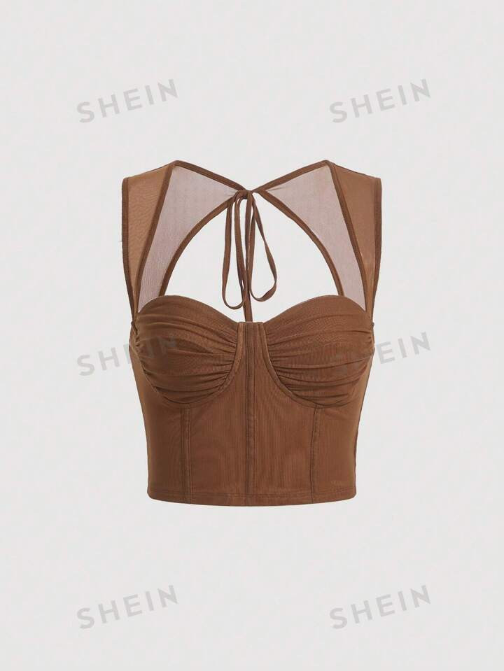 SHEIN MOD Tie Backless Ruched Bustier Mesh Panel Tank Top | SHEIN