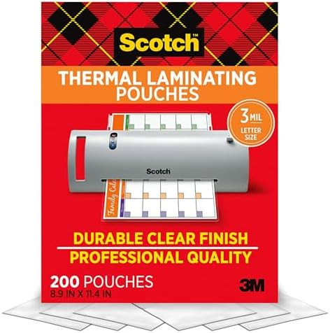 Scotch Thermal Laminating Pouches, 200 Count, Clear, 3 mil., Ideal Office or School Supplies, Fit... | Amazon (US)