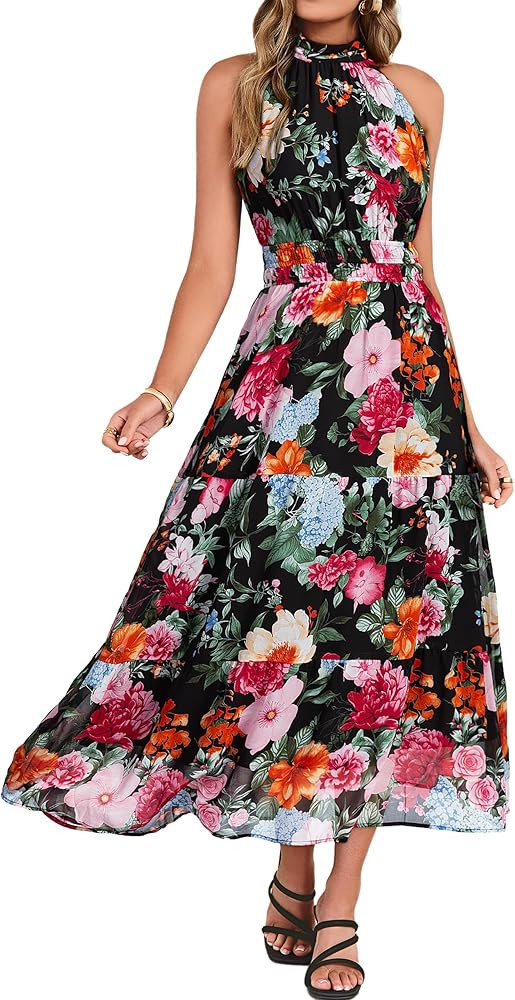 Simplee Womens Summer Halter Wedding Guest Dress Maxi Floral Vacation Boho Sundresses Flowy Forma... | Amazon (US)