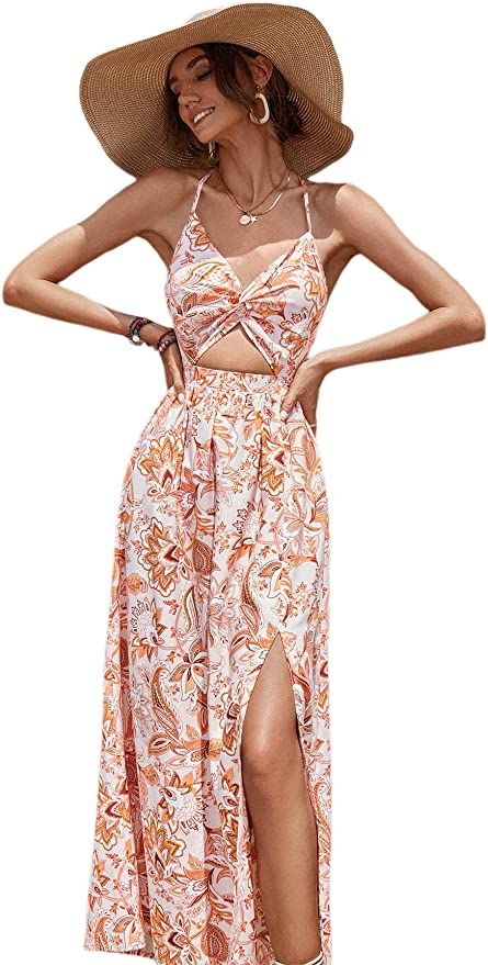 Floerns Women's Twist Front Backless Tie Back V Neck Floral Cami Maxi Dress | Amazon (US)