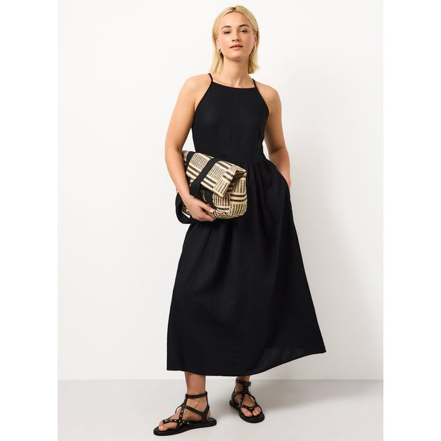 Black Linen Blend Linen Waisted Dress 10 | Tu Clothing