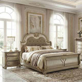 Rilon 2-Piece Gold Champagne Wood King Panel Bedroom Set with Nightstand and Genuine Marble Top | The Home Depot